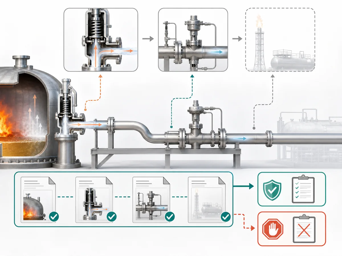 ZOBAI LPG Safety Valve Fire Case: Capacity and Discharge Review IMG-04 Installed relief path, downstream back-pressure interface and documentation chain showing where the review can close and where missing evidence requires a hold.