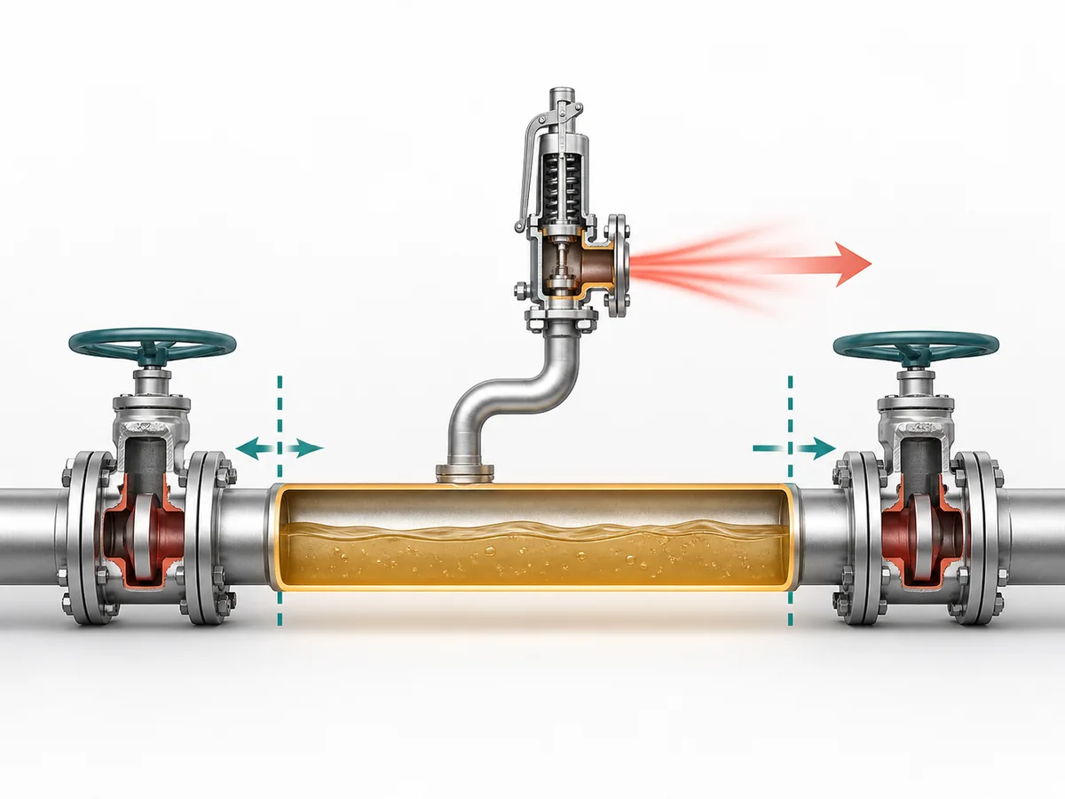 ZOBAI LPG Thermal Relief Valves for Trapped Liquid Lines IMG-01 Conceptual LPG piping diagram showing a liquid-filled section trapped between two closed isolation valves with its thermal-relief connection inside the protected boundary.