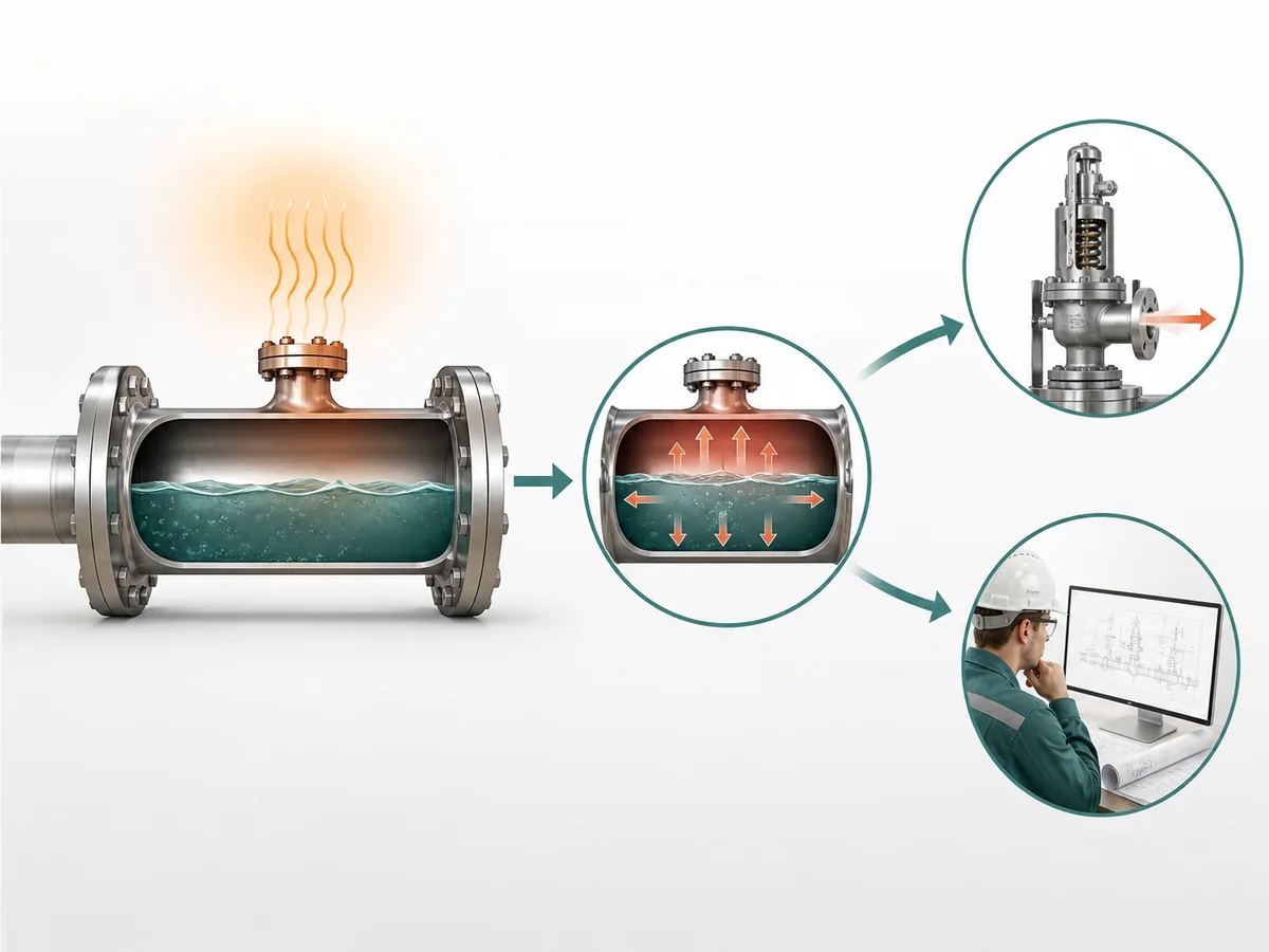 ZOBAI LPG Thermal Relief Valves for Trapped Liquid Lines IMG-02 Conceptual sequence showing a trapped LPG liquid segment, a credible warming condition, restricted liquid expansion and the resulting need for thermal-relief review.