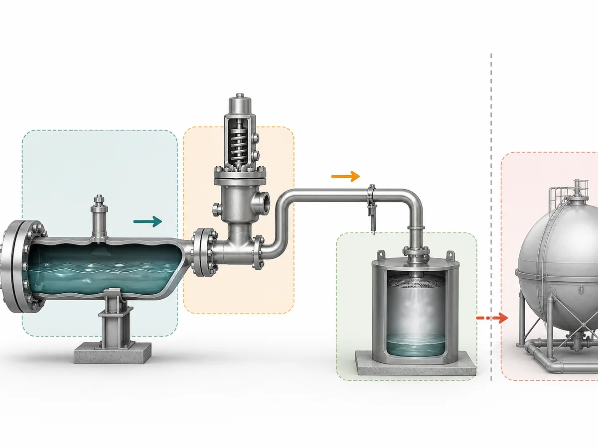 ZOBAI LPG Thermal Relief Valves for Trapped Liquid Lines IMG-03 Conceptual LPG thermal-relief discharge-path diagram showing the protected segment, relief device, defined receiving destination and downstream pressure boundary.