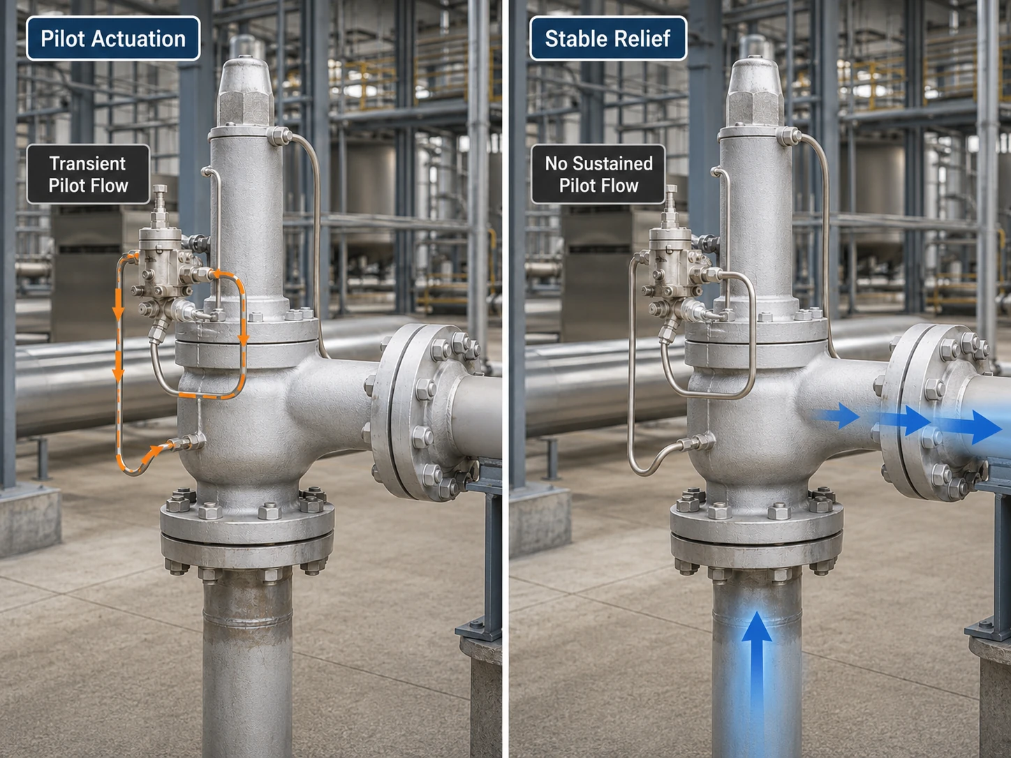 Two-panel realistic non-flowing pilot illustration showing transient pilot flow during actuation and no sustained pilot flow during stable relief