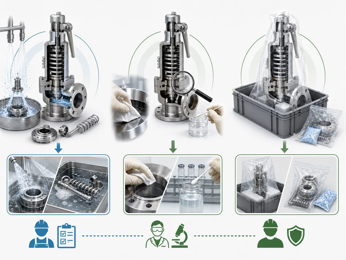 ZOBAI Oxygen Service Safety Valves: Cleaning, Materials and Contamination Control IMG-02 Three-stage cleanliness evidence chain showing cleaning process, verification against the applicable cleanliness basis, and preservation of the verified condition.