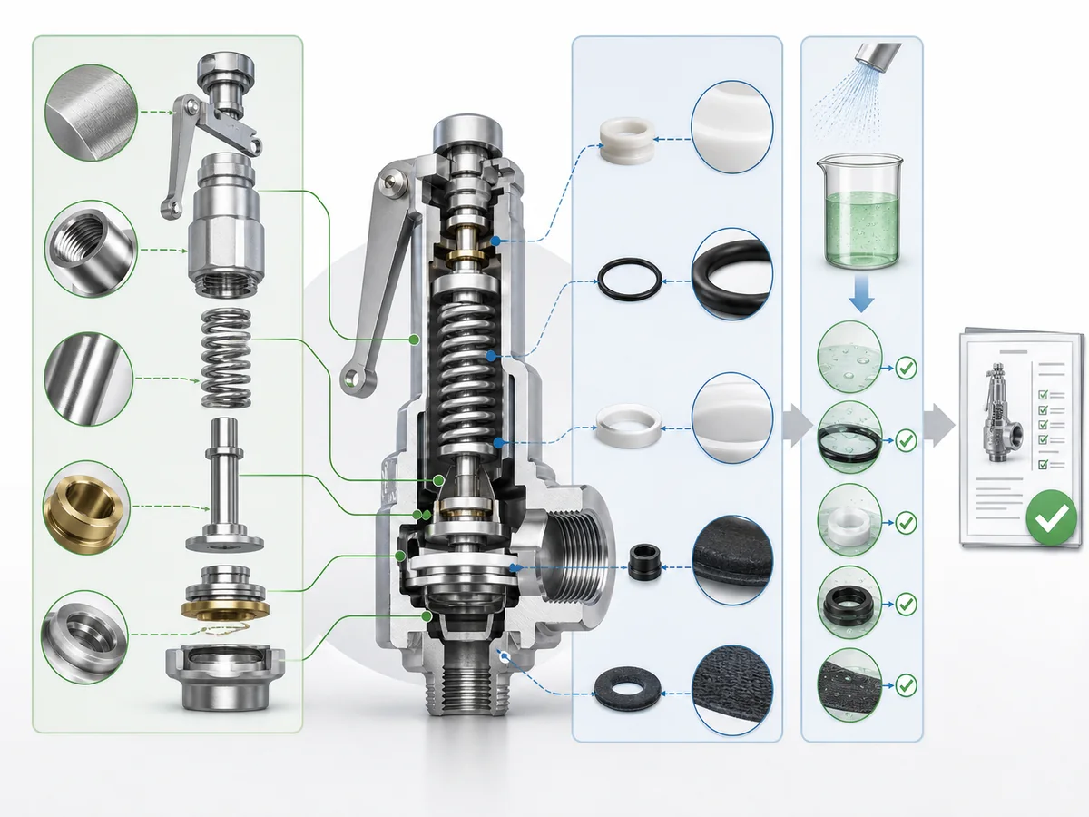 ZOBAI Oxygen Service Safety Valves: Cleaning, Materials and Contamination Control IMG-03 Generic safety-valve component-review schematic separating metallic components, nonmetallic or soft-good components, and a separate cleaning-agent compatibility check.
