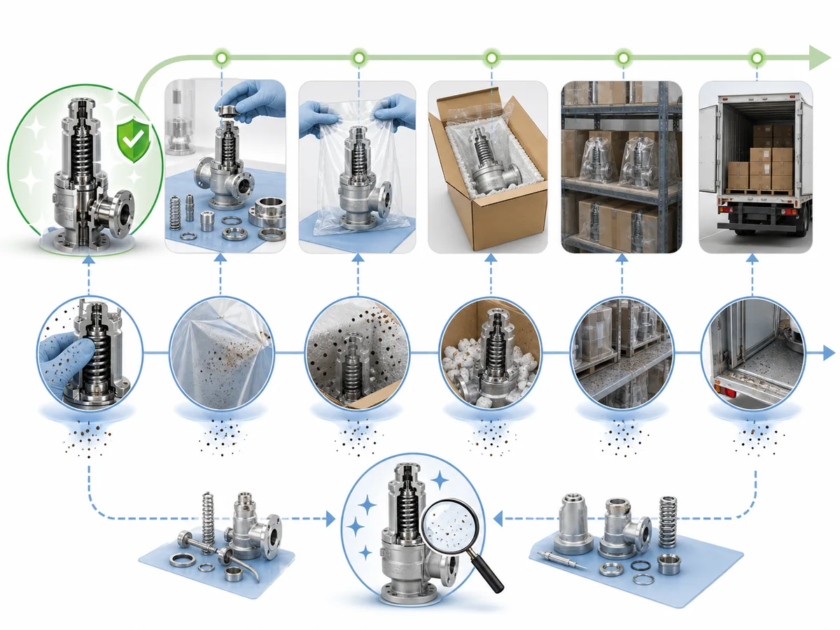 ZOBAI Oxygen Service Safety Valves: Cleaning, Materials and Contamination Control IMG-04 Cleanliness-preservation pathway from post-cleaning verification through assembly, packaging, storage or transport, handling, installation, and maintenance or reassembly, marking possible recontamination interfaces.