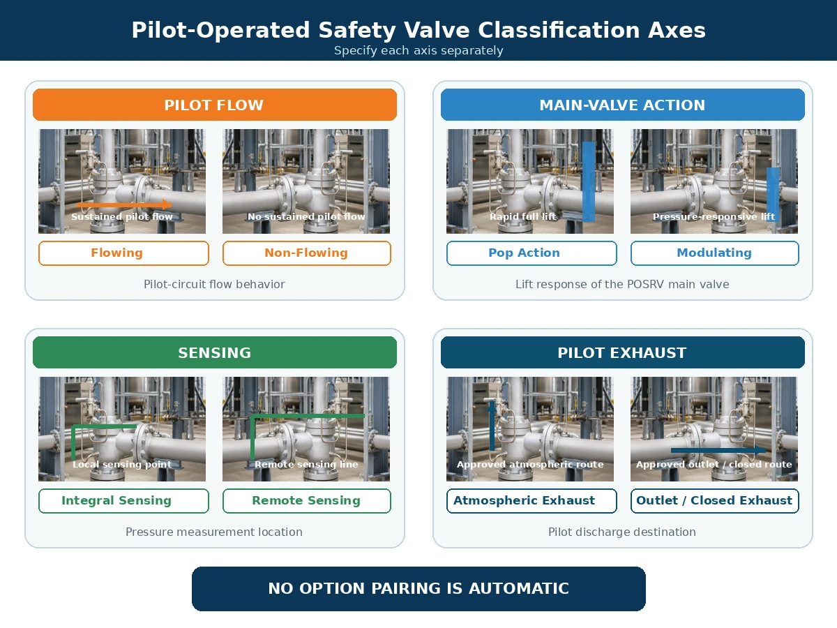 Realistic four-part comparison separating pilot flow, main-valve action, sensing location and pilot exhaust classifications