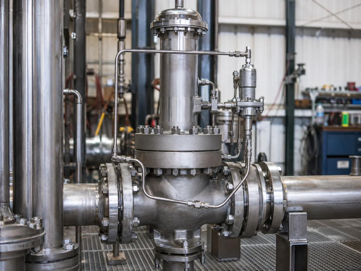 Pilot-operated safety valve with visible pilot tubing used for dirty service reliability review