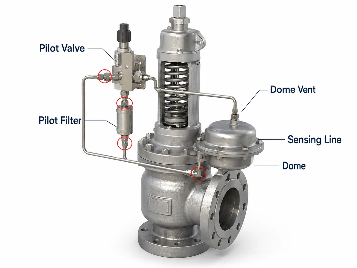 Simplified pilot-operated safety valve diagram showing sensing line, pilot filter, dome and contamination points