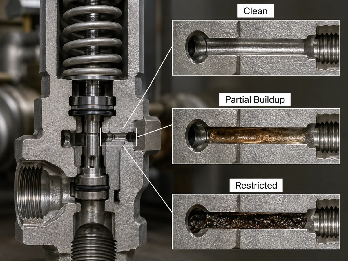 Polymerizing service illustration showing progressive buildup in pilot control passage