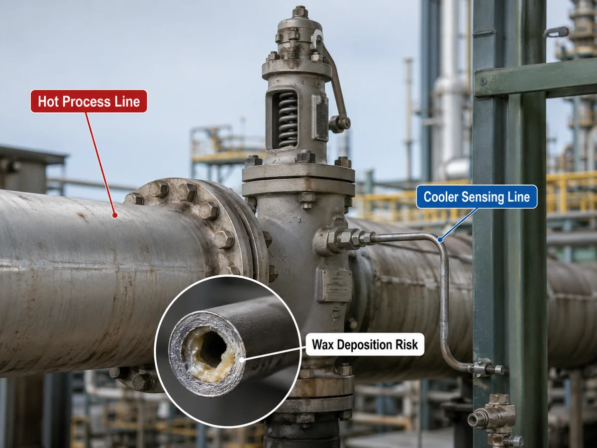 Waxy service illustration showing temperature drop and deposition risk in pilot sensing line