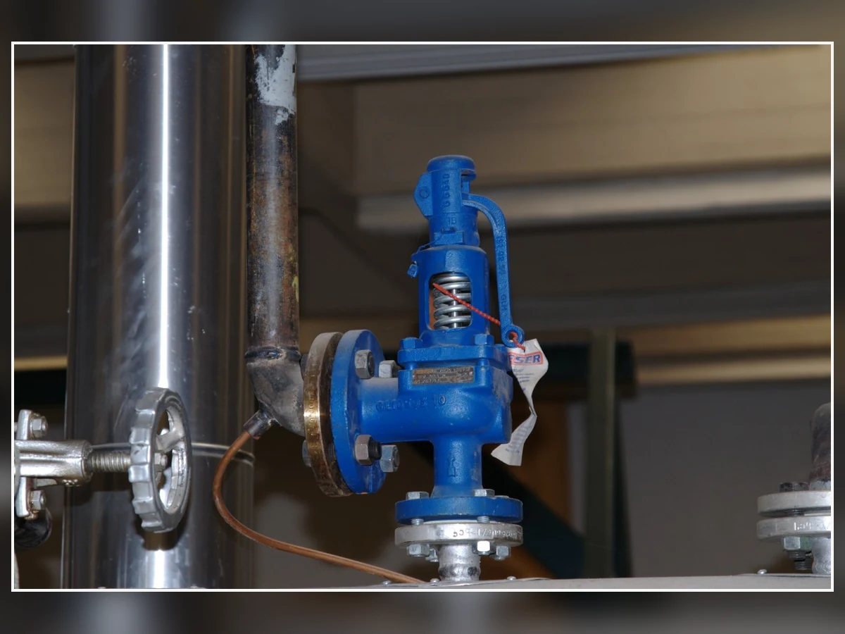 Real Safety Valve Product Reference — Front Angle Real blue steam boiler safety valve installed on industrial piping