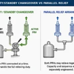 Changeover valve system comparing duty-standby and parallel relief arrangements.