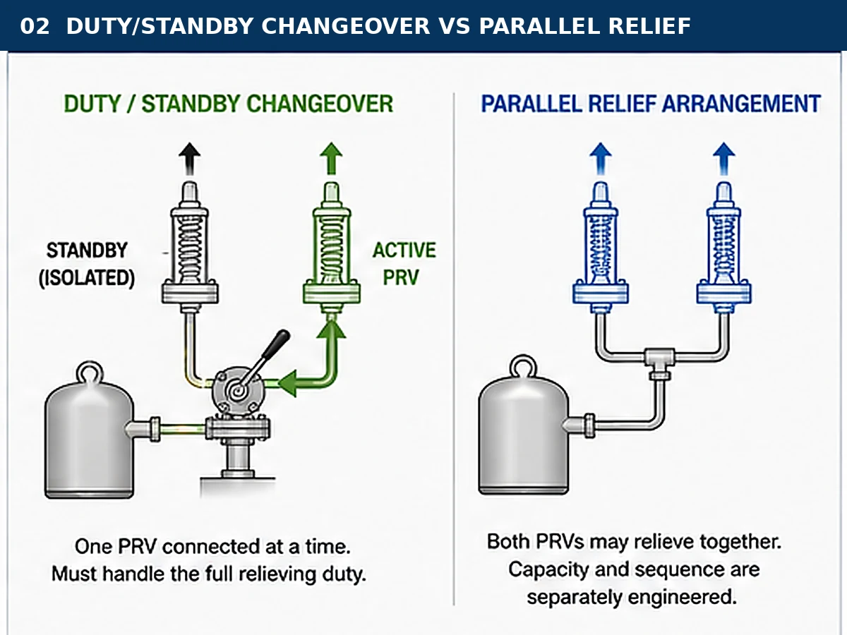 Engineering comparison of duty standby PRV changeover and parallel pressure relief arrangements
