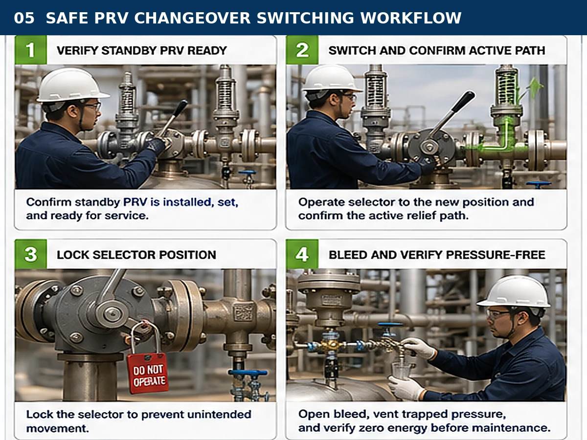 Safe PRV changeover workflow showing active path verification, locking and standby-side depressurization
