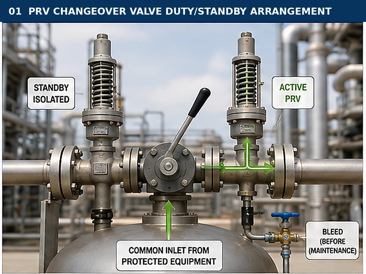 Duty and standby pressure relief valve changeover arrangement