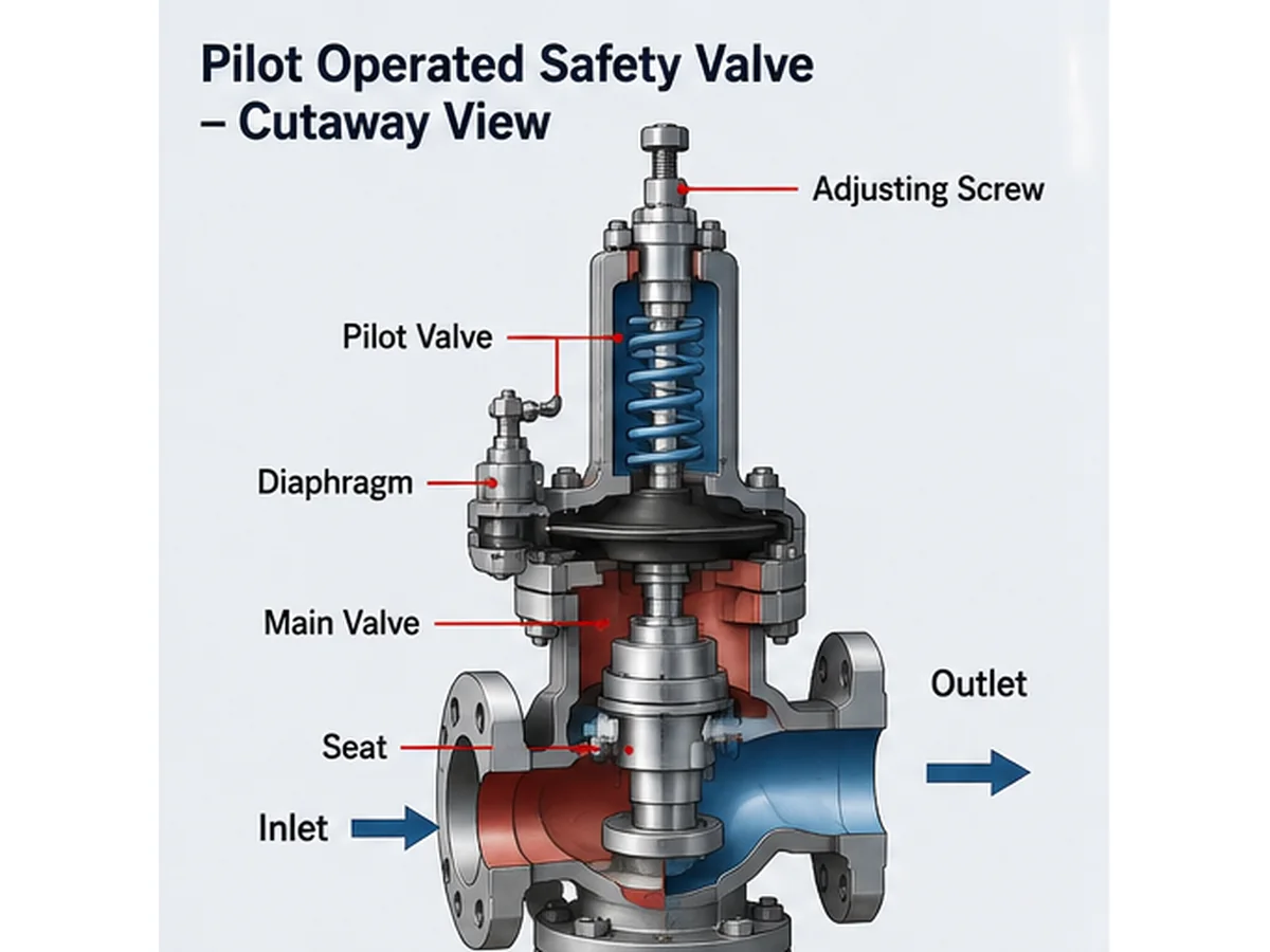 Pilot operated safety valve technical cutaway showing main valve pilot valve inlet and outlet