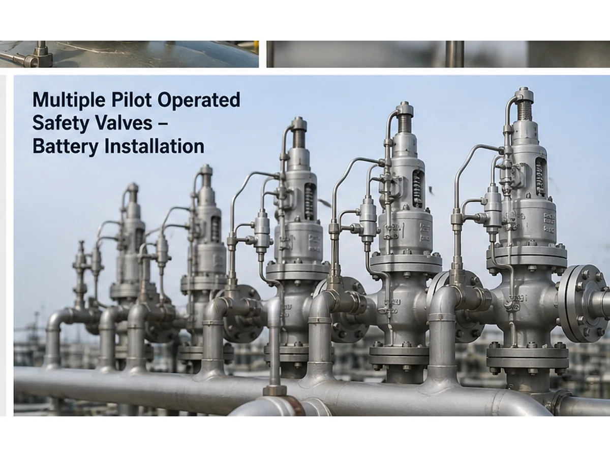 Multiple pilot operated safety valves installed on an industrial pressure relief header
