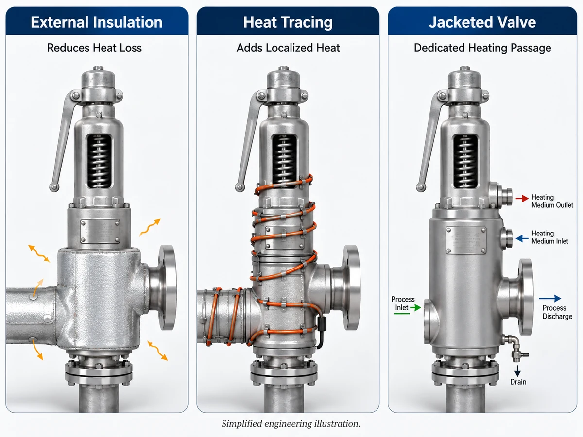 Three-panel comparison showing external insulation, heat tracing limited to the inlet and lower valve body below the bonnet joint, and a jacketed safety valve.