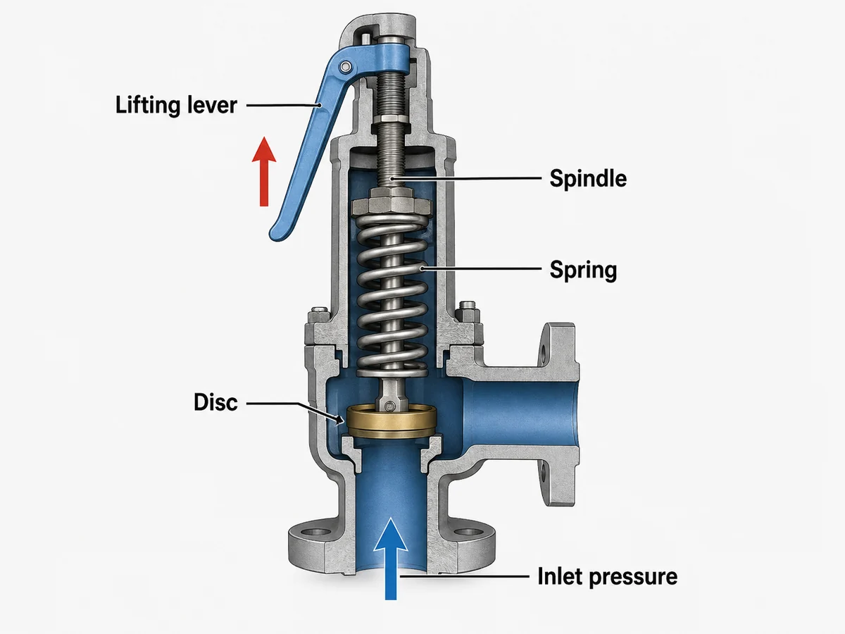 Safety Valve Lifting Lever Mechanical Movement Cutaway of a spring-loaded safety valve showing the lifting lever, spindle, spring, disc and inlet pressure path.