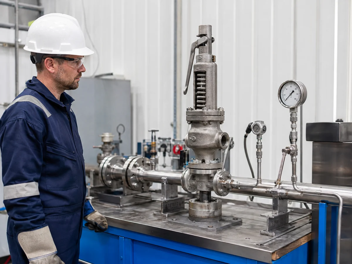 Safety Valve Lifting Lever and Set Pressure Test Lever-equipped spring-loaded safety valve on an industrial pressure test bench with a technician observing the test.