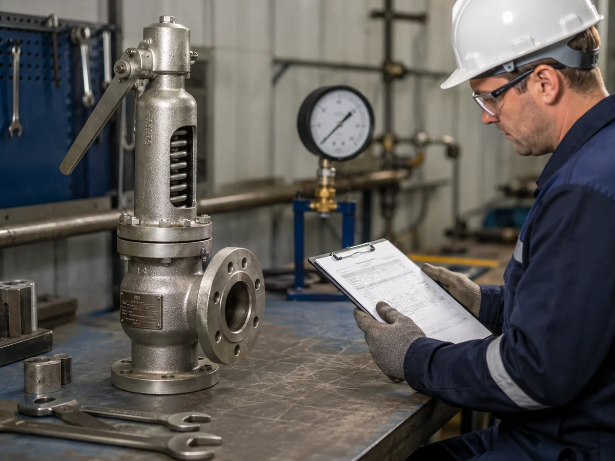 Safety Valve Maintenance Test Records and RFQ Data Review Safety valve inspection scene with a technician reviewing maintenance records and engineering data for repair or RFQ review.