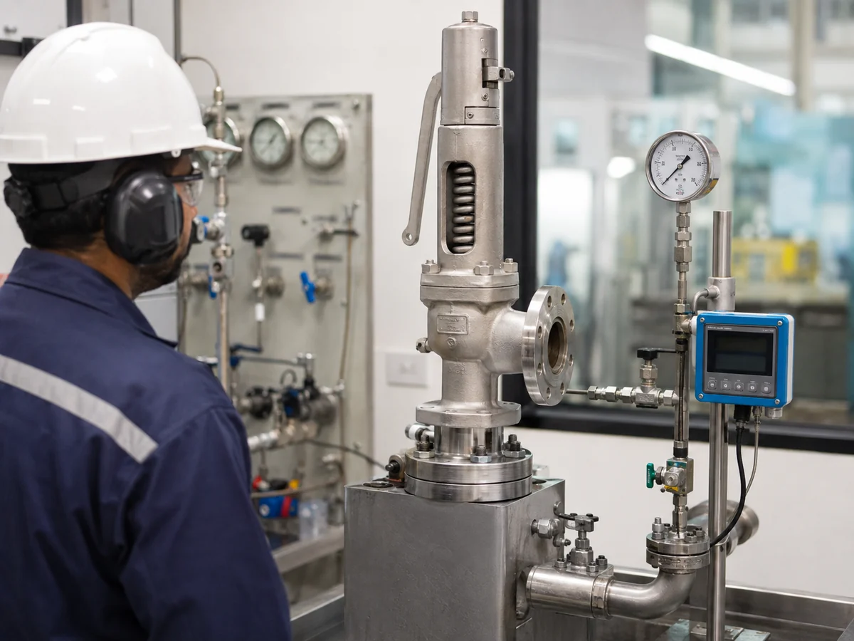 Safety Valve Set Pressure Test Bench Spring-loaded safety valve undergoing controlled set pressure testing with pressure instrumentation in a professional test area.