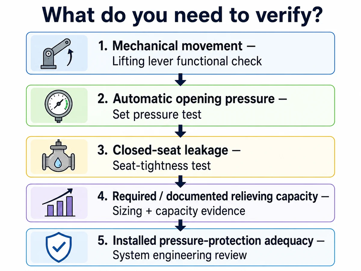 Safety Valve Test Evidence Decision Workflow Decision workflow matching mechanical movement, set pressure, seat tightness, relieving capacity and installed-system adequacy to the required verification method.