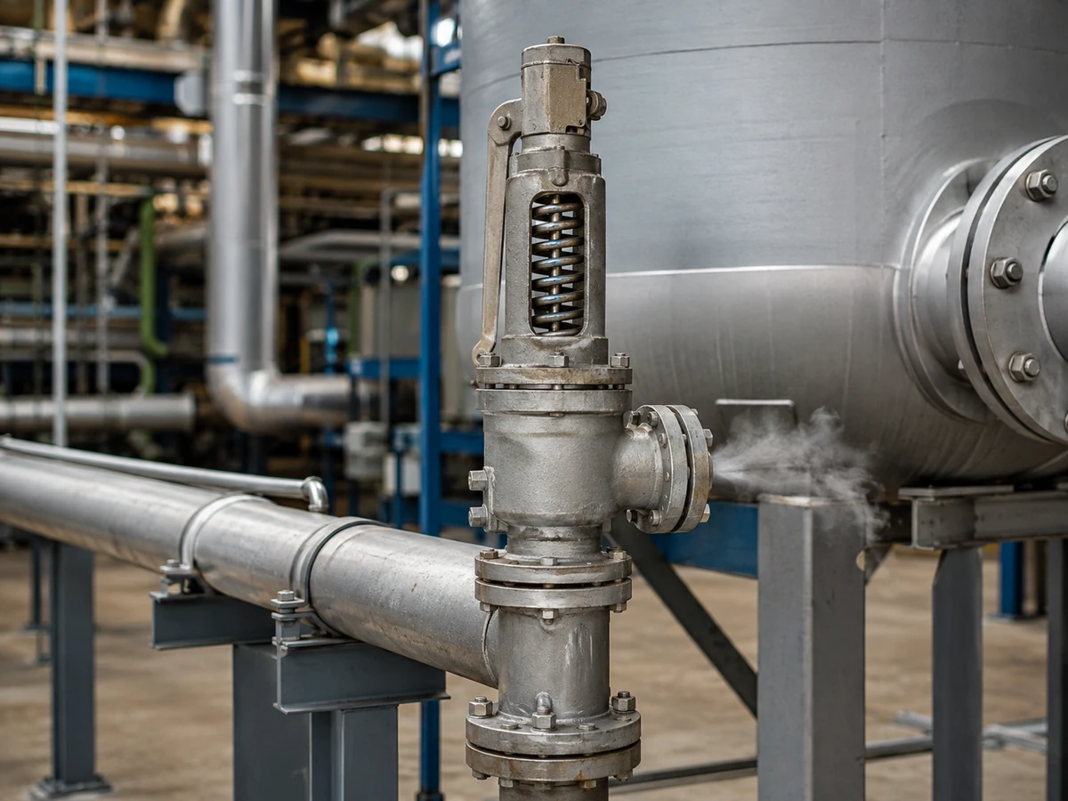 Installed spring-loaded safety valve in process piping Installed spring-loaded safety valve in process piping in a conceptual unstable-relieving context