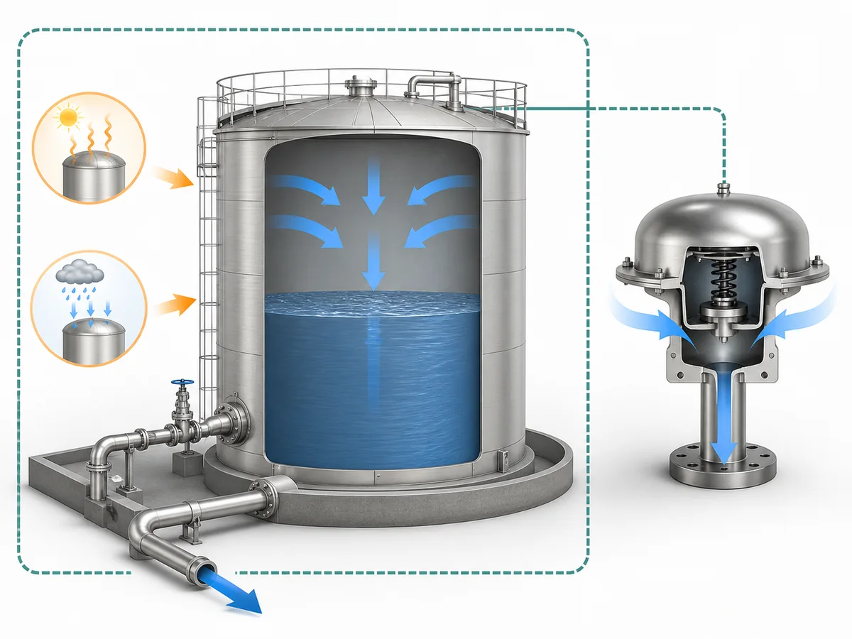 ZOBAI Vacuum Relief Valve Selection for Storage Tanks IMG-01 Conceptual storage-tank diagram showing the documented vacuum boundary and inward gas demand before vacuum-relief device selection.