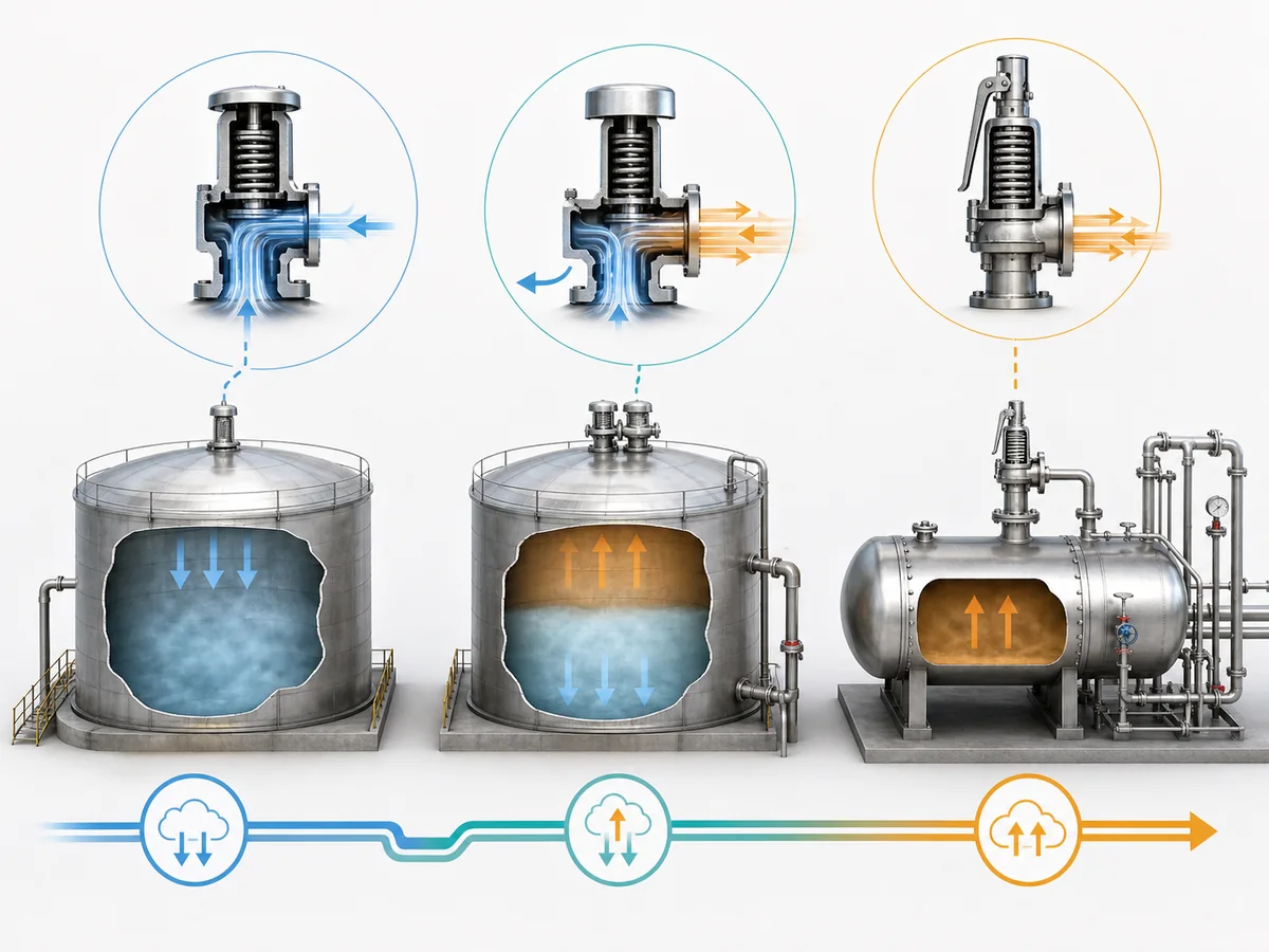ZOBAI Vacuum Relief Valve Selection for Storage Tanks IMG-02 Functional routing diagram distinguishing storage-tank vacuum relief, combined pressure-vacuum relief and pressurized-equipment overpressure protection.