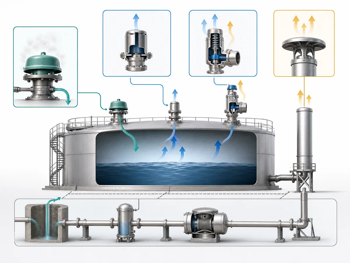ZOBAI Vacuum Relief Valve Selection for Storage Tanks IMG-03 Storage-tank protection-system diagram separating blanketing, normal vacuum relief, combined pressure-vacuum relief and emergency protection functions.