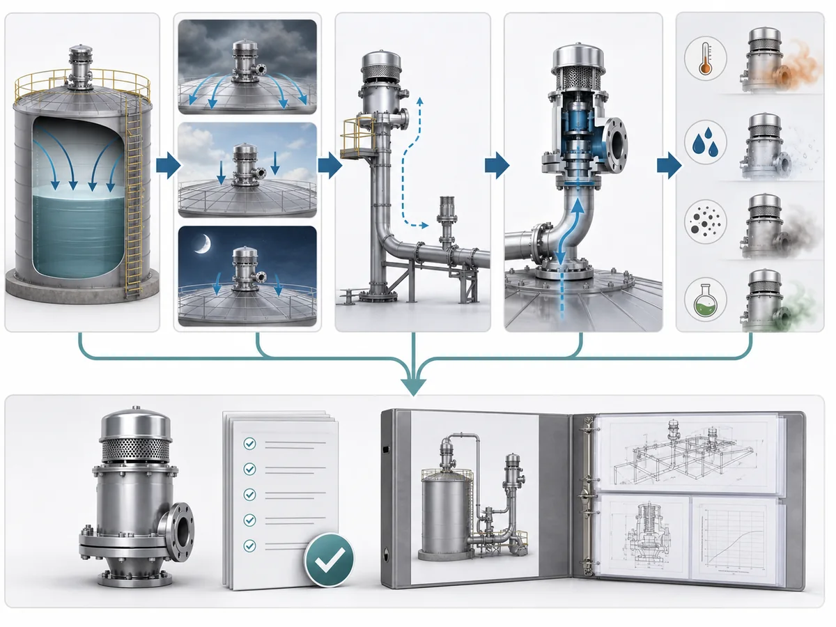 ZOBAI Vacuum Relief Valve Selection for Storage Tanks IMG-04 Workflow showing tank boundary, inbreathing scenarios, vent-system arrangement, installed flow path and service conditions feeding an evidence-ready vacuum-relief selection package.