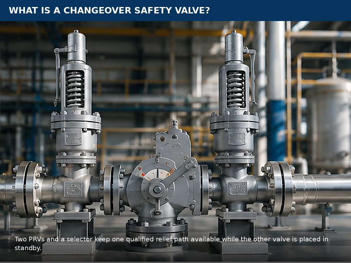 Changeover safety valve arrangement with two pressure relief valves and a selector