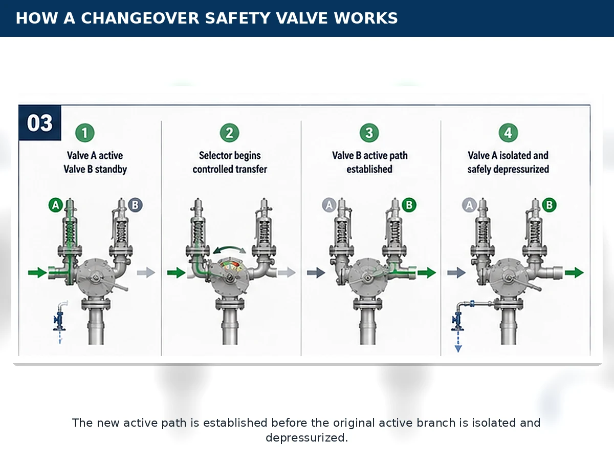 Four-step diagram showing how a changeover safety valve switches from PRV A to PRV B