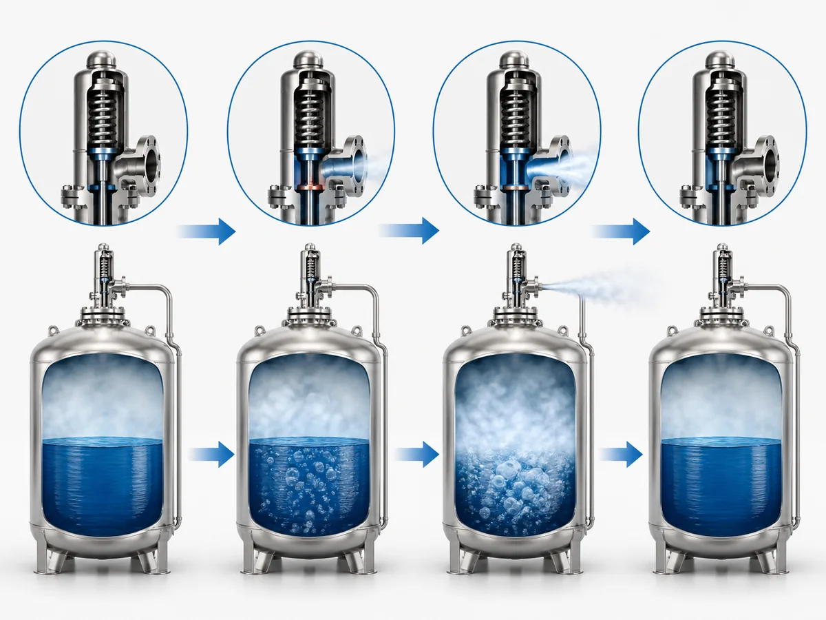 Conceptual sequence showing a cryogenic-service pressure-relief valve opening during an overpressure condition and later returning to a closed state.