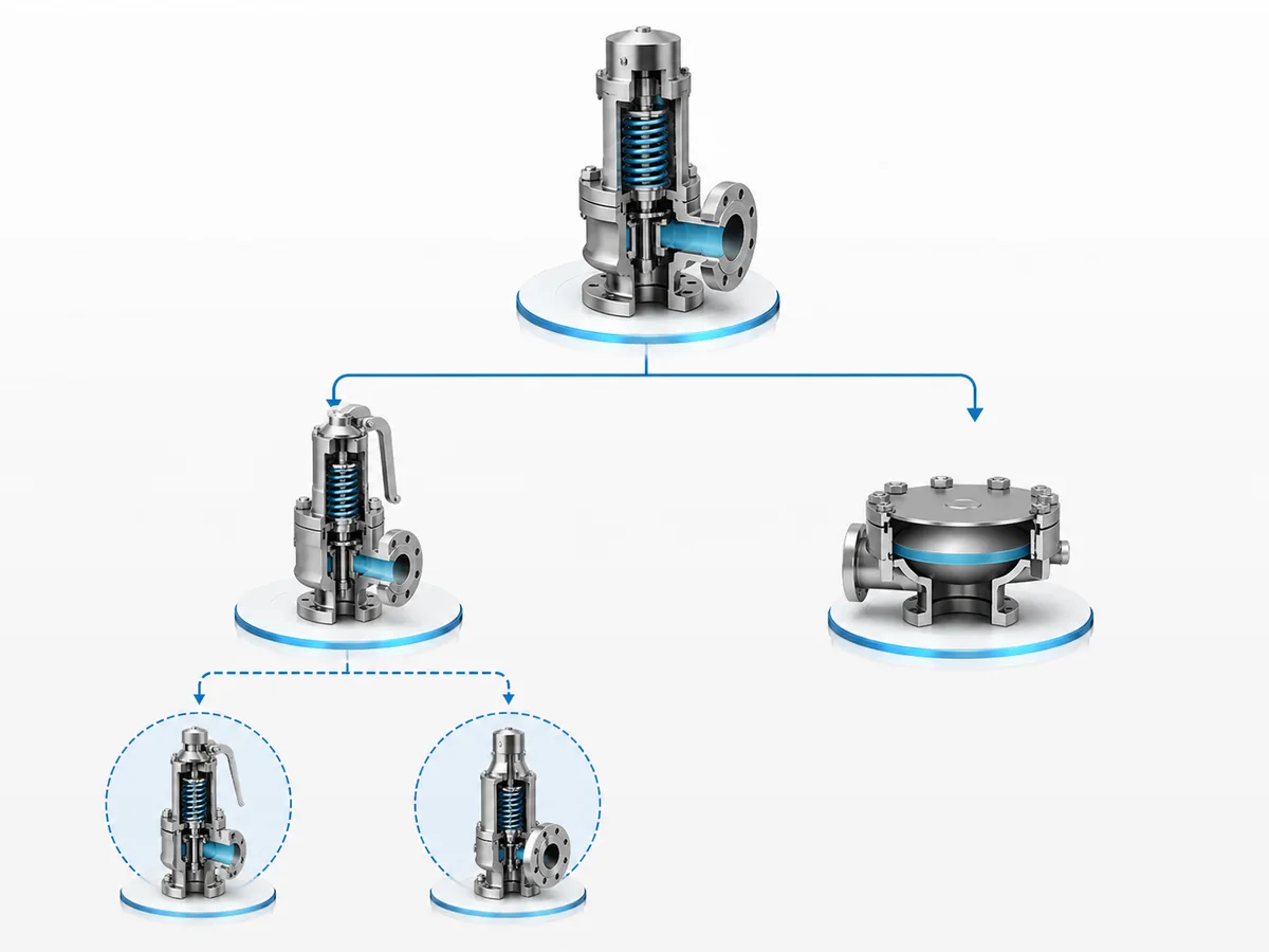 Hierarchy showing pressure-relief devices divided into reclosable pressure-relief valves and non-reclosable pressure-relief devices.