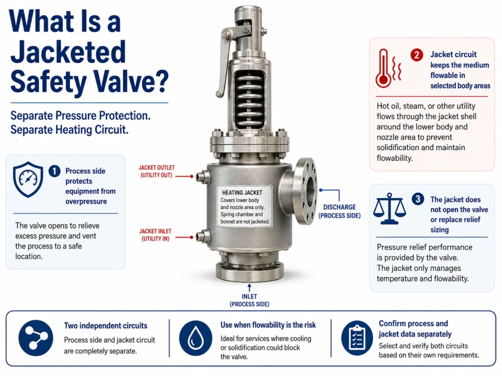 Diagram of a jacketed safety valve showing separate process and heating circuits