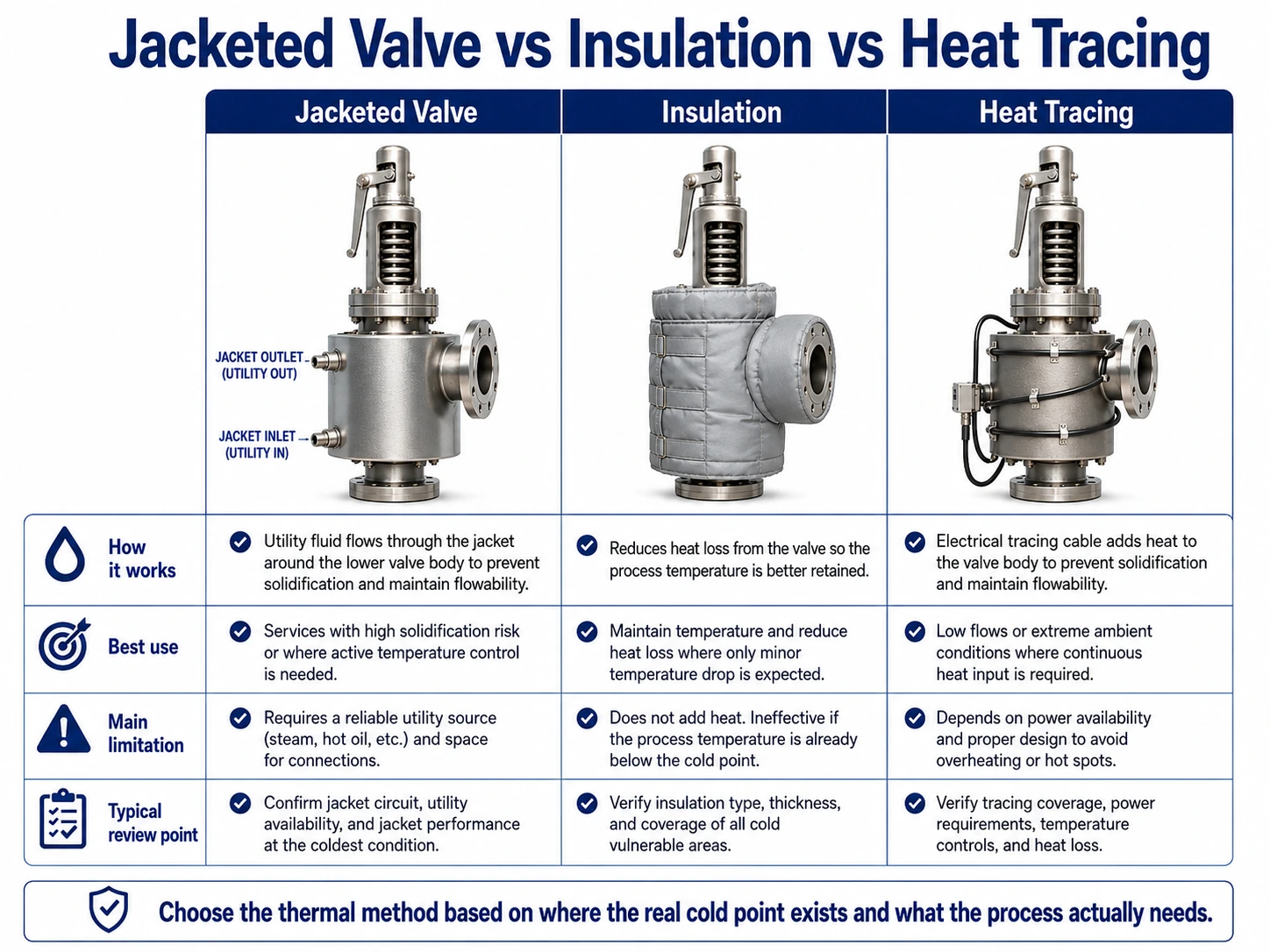 Jacket vs Insulation vs Heat Tracing Comparison of a safety valve heating jacket, external insulation, and heat tracing as different thermal-management methods