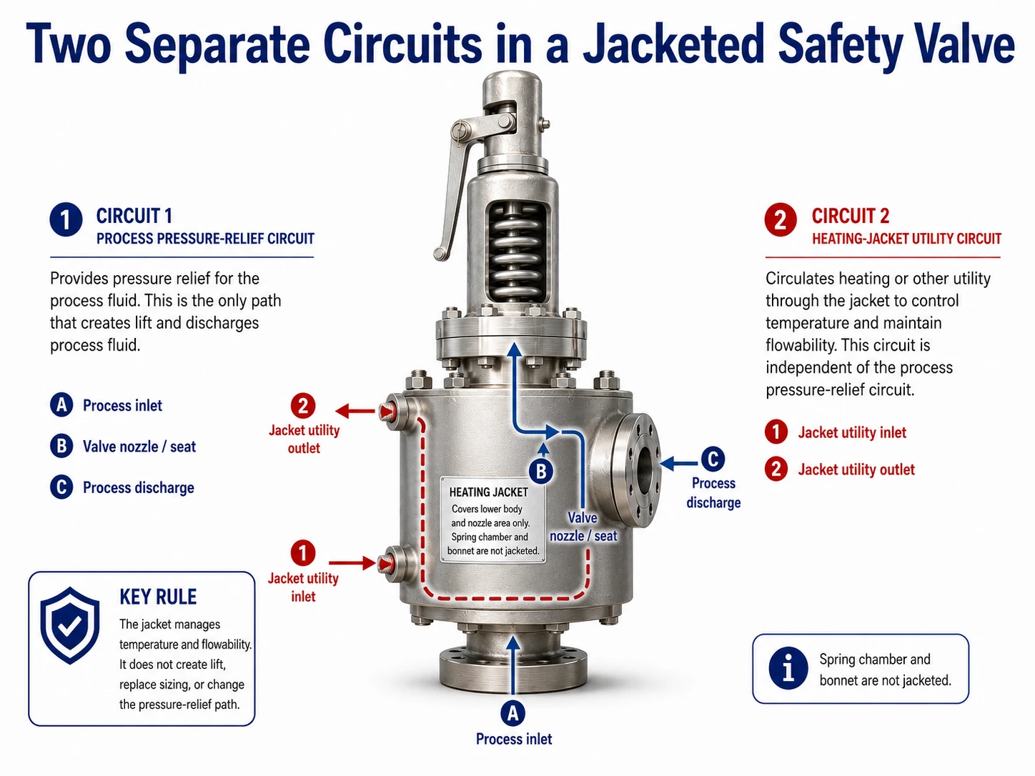 Process Pressure Boundary and Heating-Jacket Circuit Cutaway diagram separating the process pressure boundary from the heating-jacket circuit in a jacketed safety valve