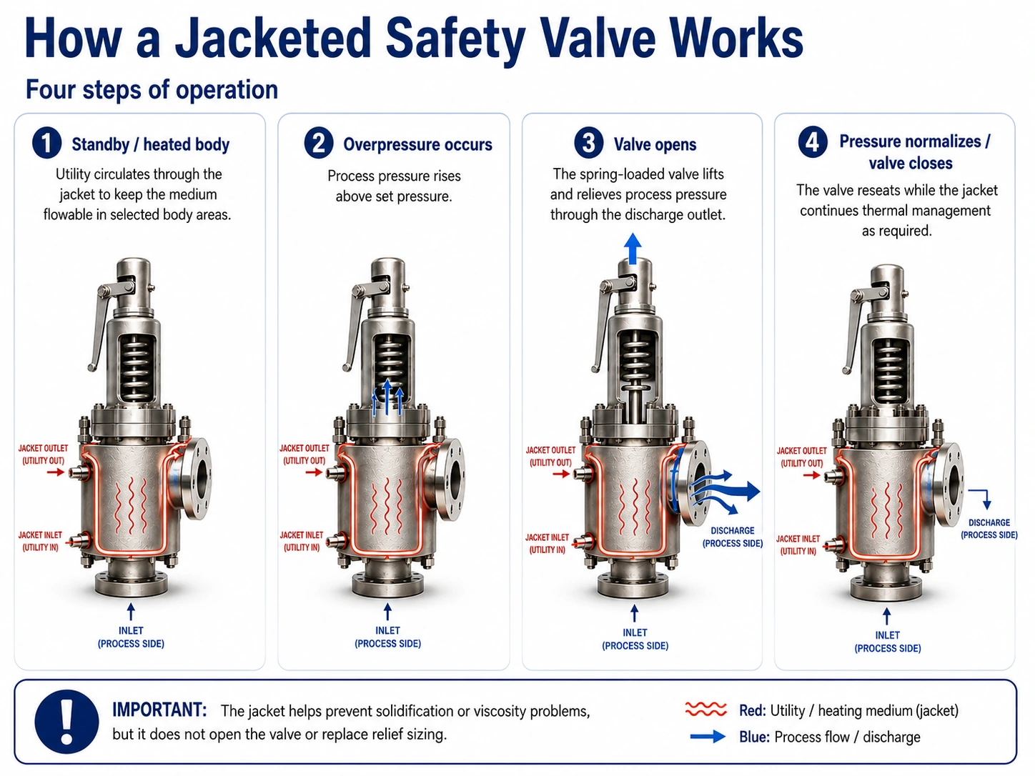 Jacketed Safety Valve Working Principle Three-stage diagram showing a jacketed safety valve during standby, pressure-relief opening, and reseating