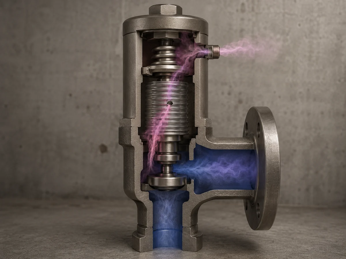 Bellows Leak Path Toward Bonnet Vent Conceptual cutaway showing possible fluid movement from the outlet back-pressure region through a bellows defect toward the bonnet vent.