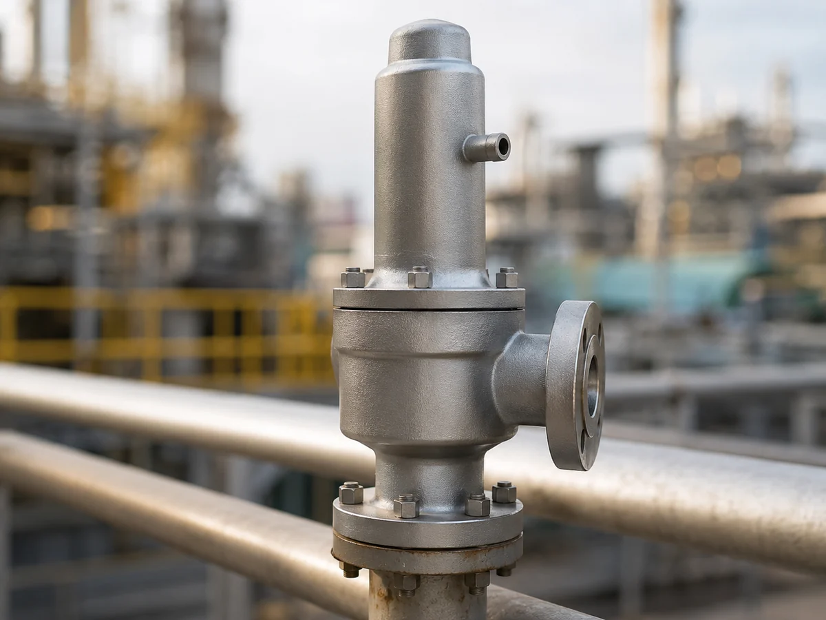 Closed Bonnet Balanced Bellows Safety Valve with Bonnet Vent Closed bonnet balanced bellows safety valve with a visible open bonnet vent connection in an industrial piping area.