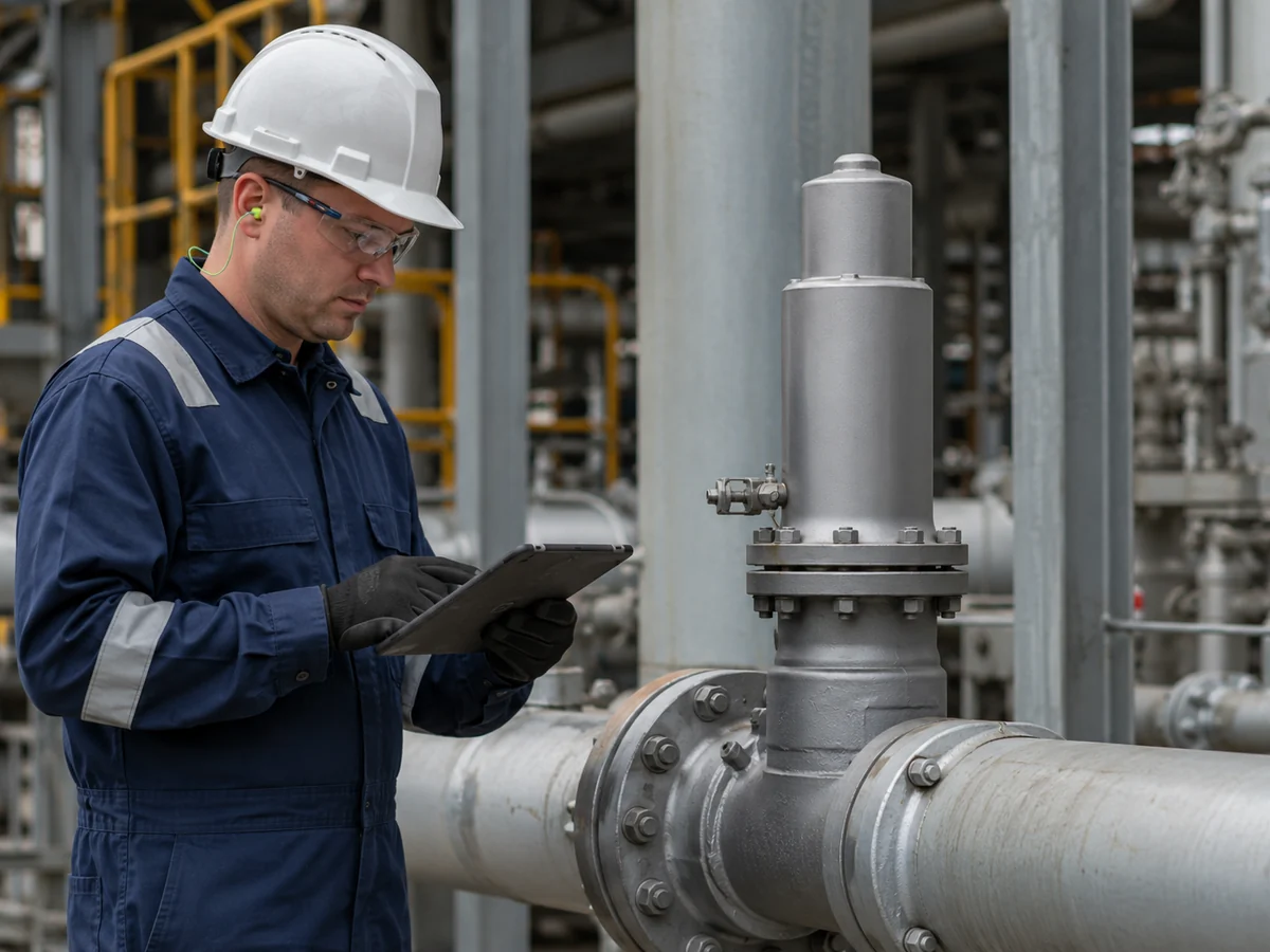 Balanced Bellows Bonnet Vent Inspection Engineer inspecting a closed bonnet safety valve and its bonnet vent connection in an industrial plant.