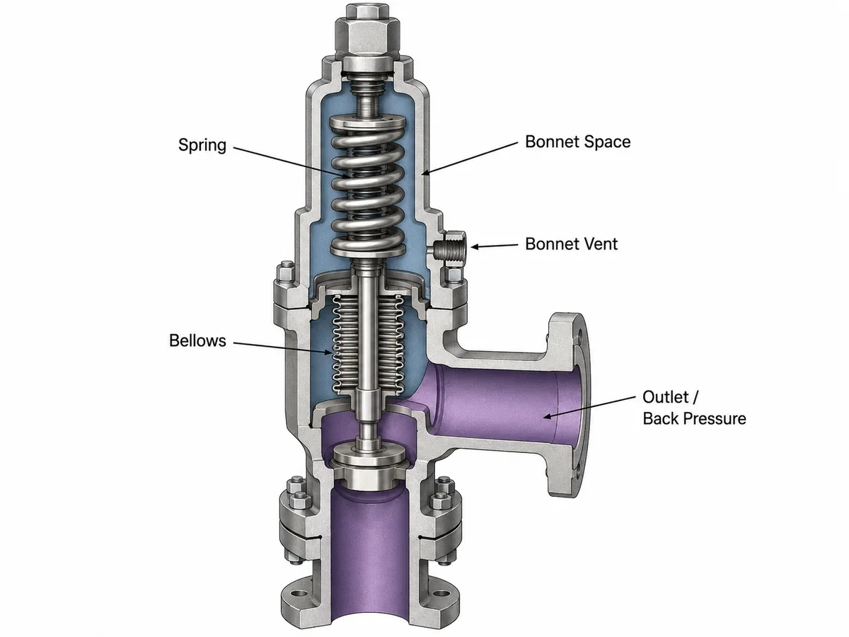 Balanced Bellows Bonnet Pressure Reference Simplified cutaway showing the bellows, outlet back-pressure region, bonnet space and bonnet vent pressure reference in a balanced safety valve.