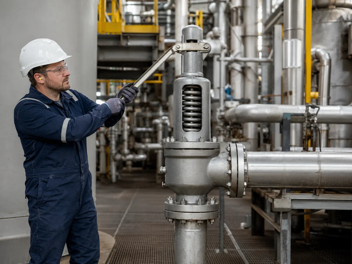 Controlled Safety Valve Lifting Lever Test Technician performing a controlled lifting lever test on an industrial spring-loaded safety valve.