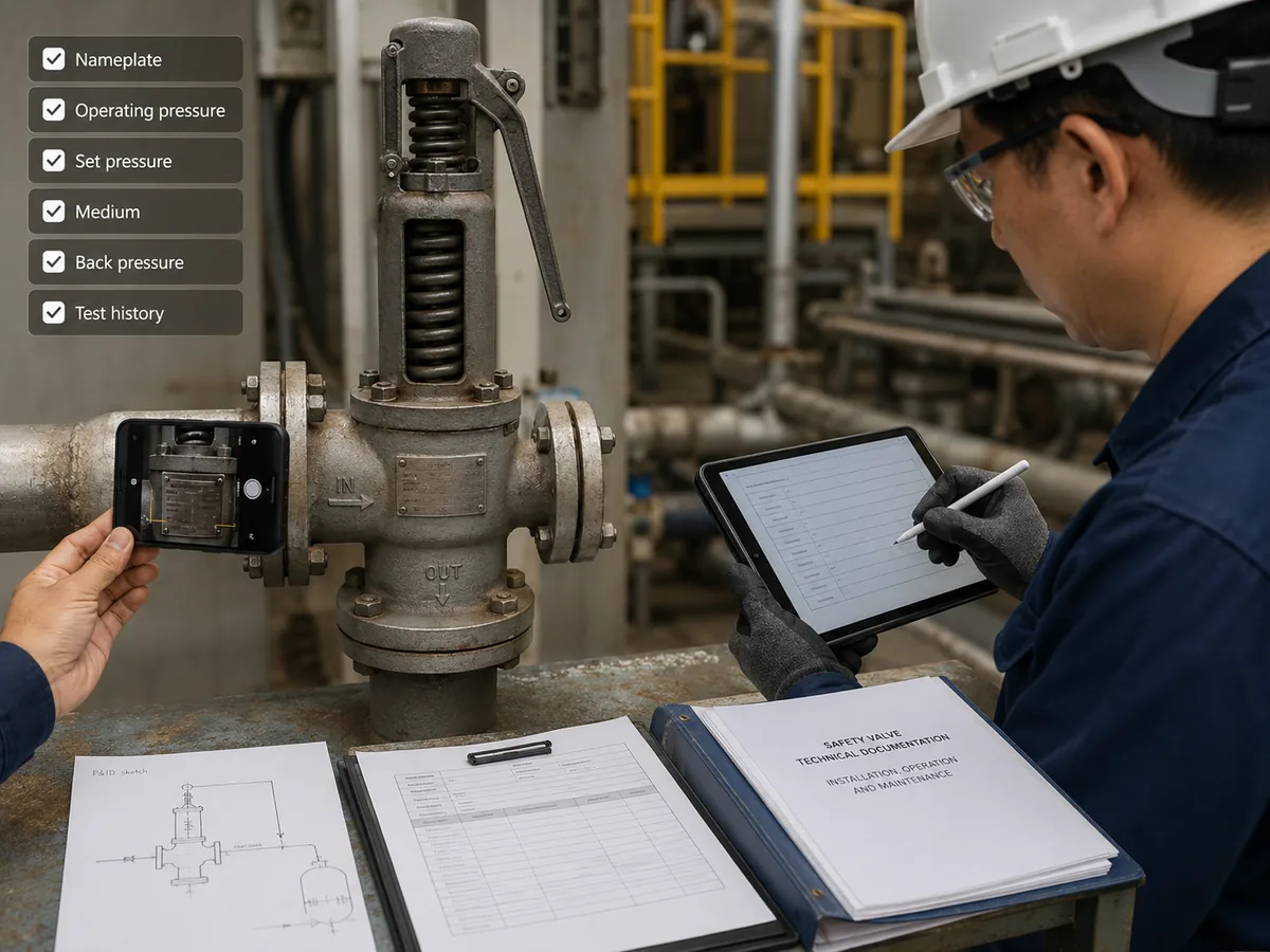 Safety Valve Inspection and Engineering Data Checklist Engineer documenting safety valve nameplate, operating data, piping and test history before repair or replacement review.