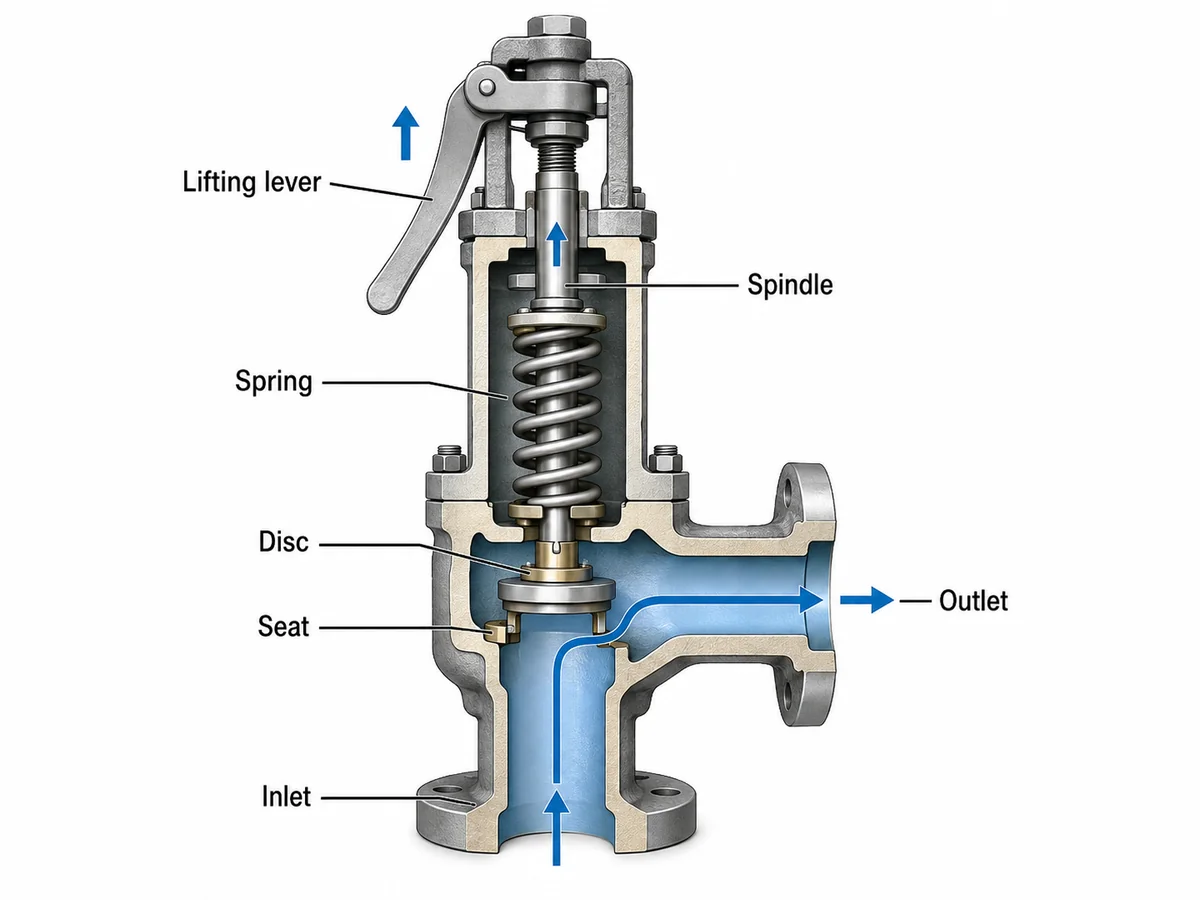 Lifting Lever to Disc Reseating Mechanism Cutaway showing how a safety valve lifting lever raises the spindle and disc away from the nozzle seat.