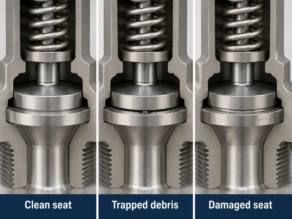 Clean Seat, Trapped Debris and Seat Damage Comparison of a clean safety valve seat, trapped debris and a damaged seating surface that can prevent complete reseating.