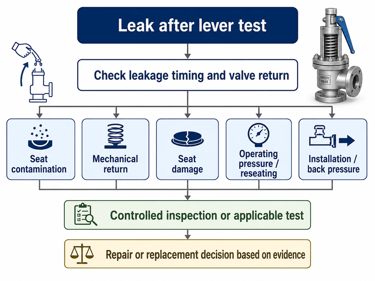Post-Lifting-Lever-Test Leakage Troubleshooting Workflow Troubleshooting workflow for safety valve leakage that begins after a lifting lever test.