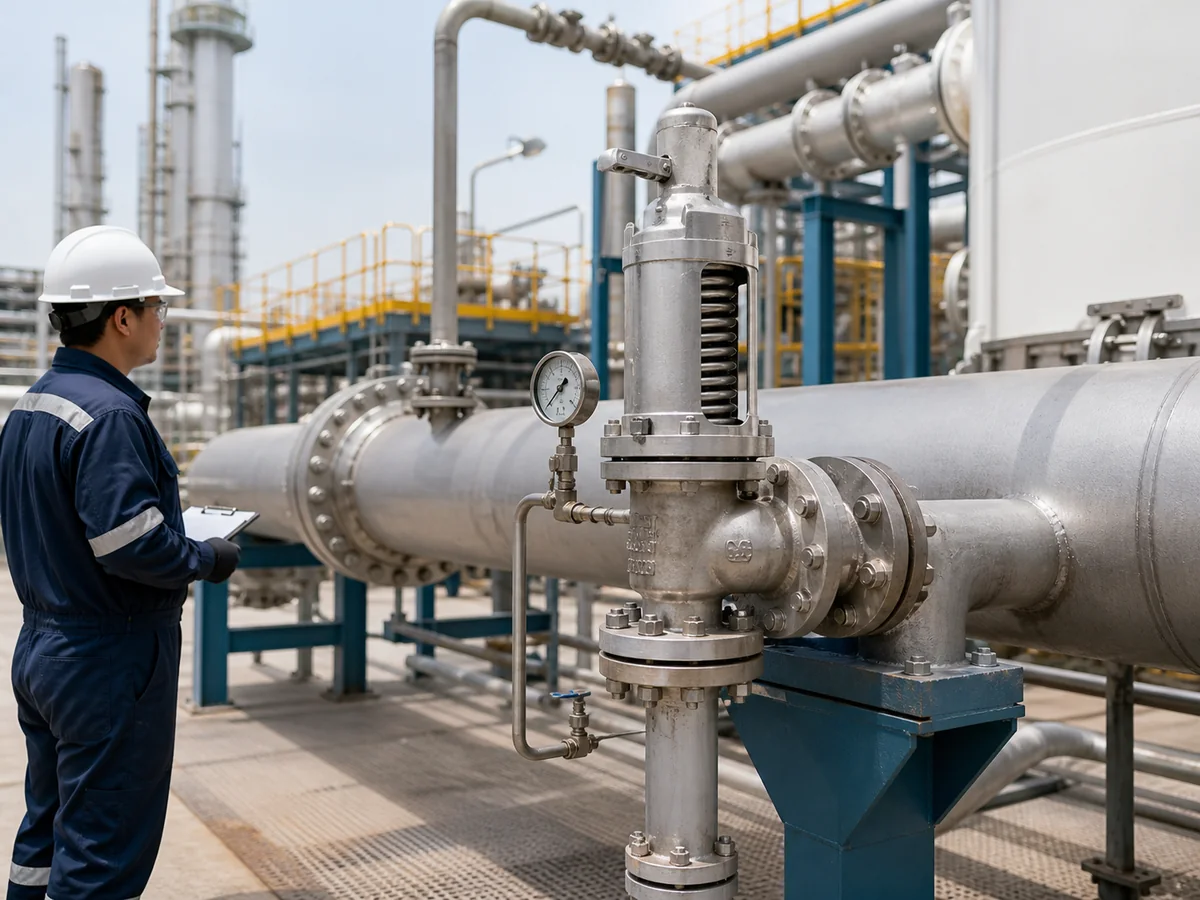 Back pressure balanced safety valve connected to a refinery discharge header