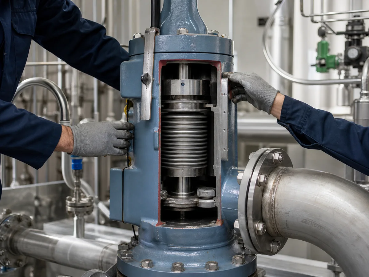 Balanced bellows safety valve opened for back pressure force balance inspection